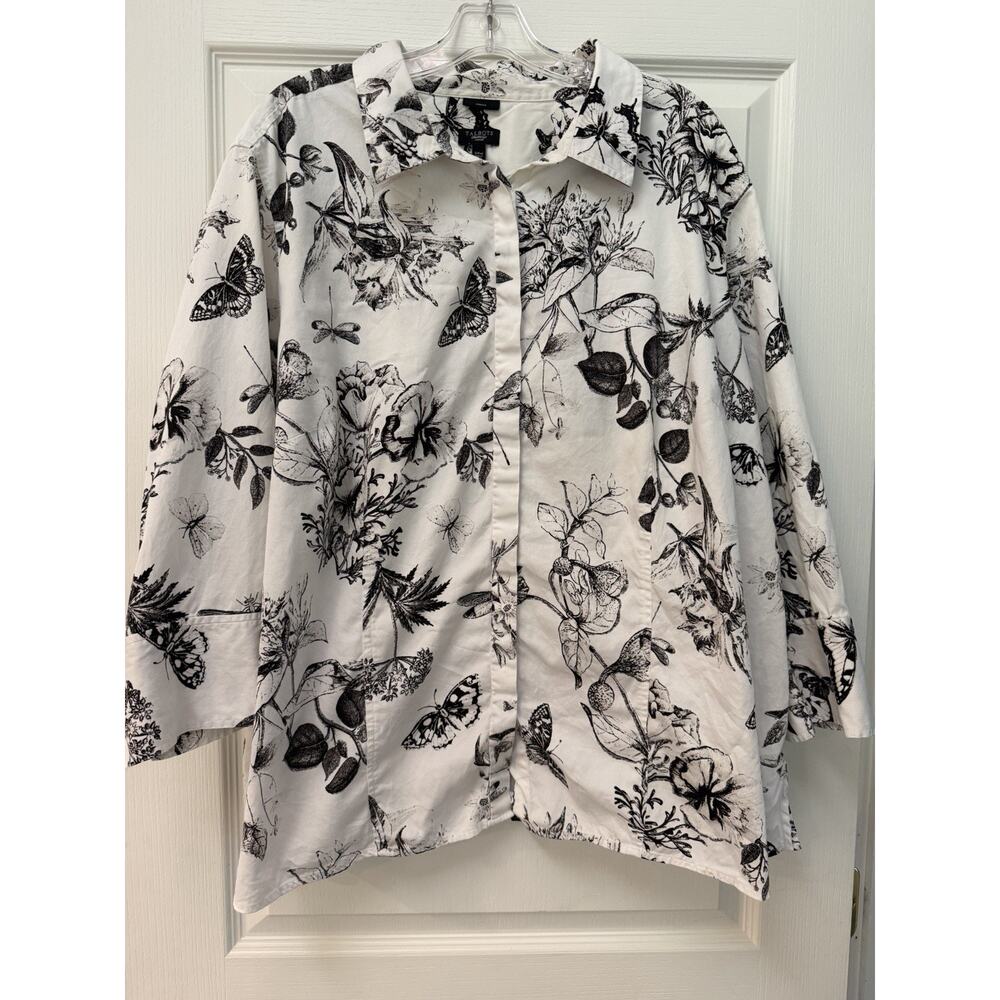 Talbots Floral Butterfly Button-Up Top Size 24w White Black 3/4 Sleeve Stretch